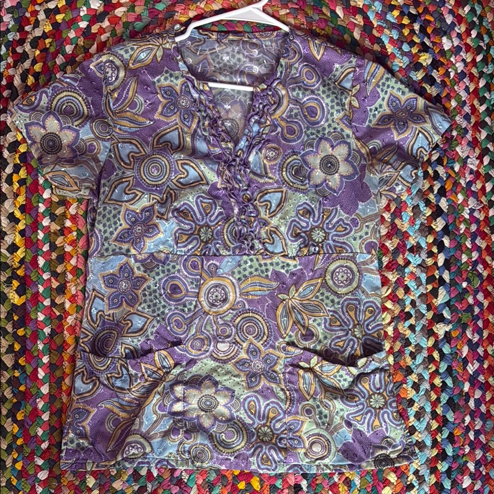 Bohemian Purple Floral Scrub Top